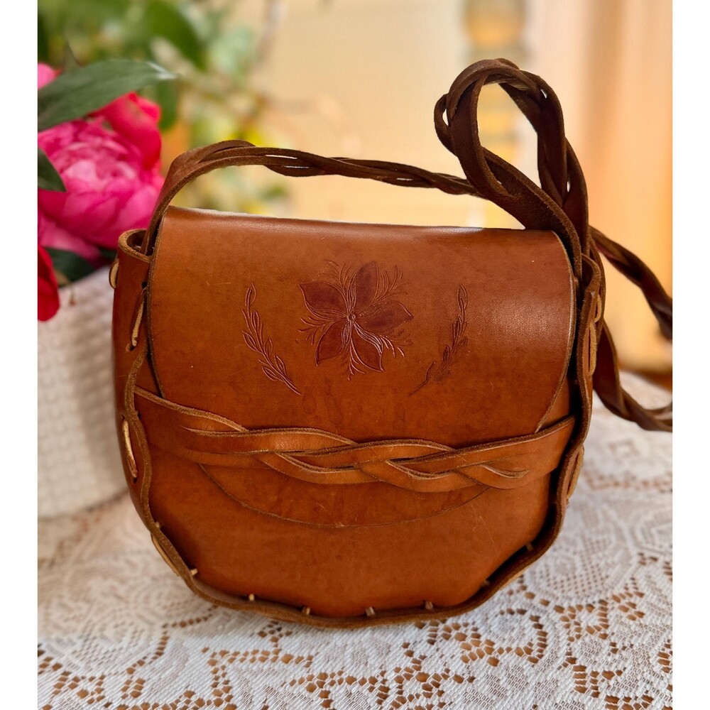 Vintage 70s Tooled Leather Shoulder Bag, Floral Brown Leather Purse, Braided